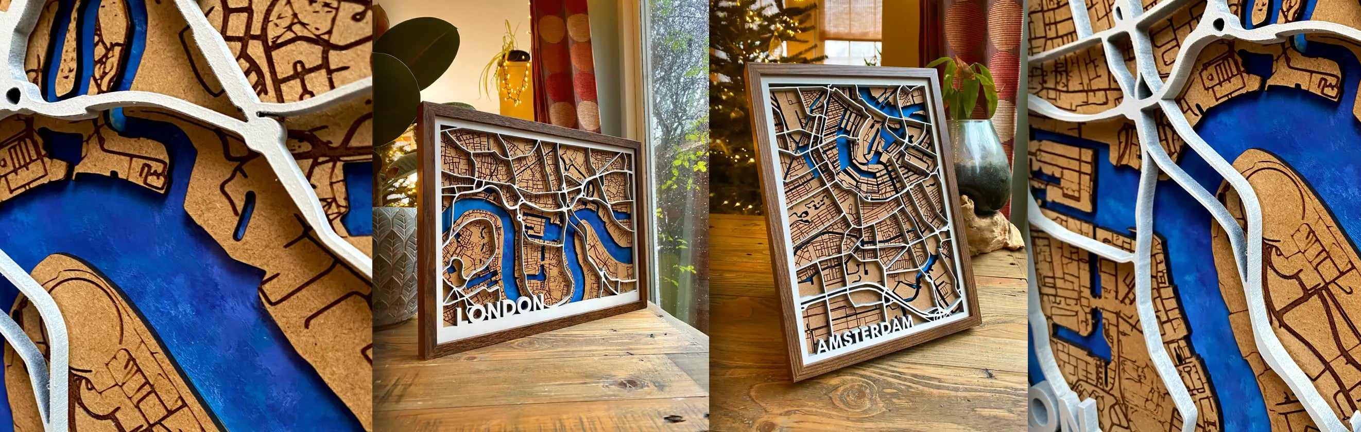 A small cover photo with 4 photos of my wooden maps of London and Amsterdam