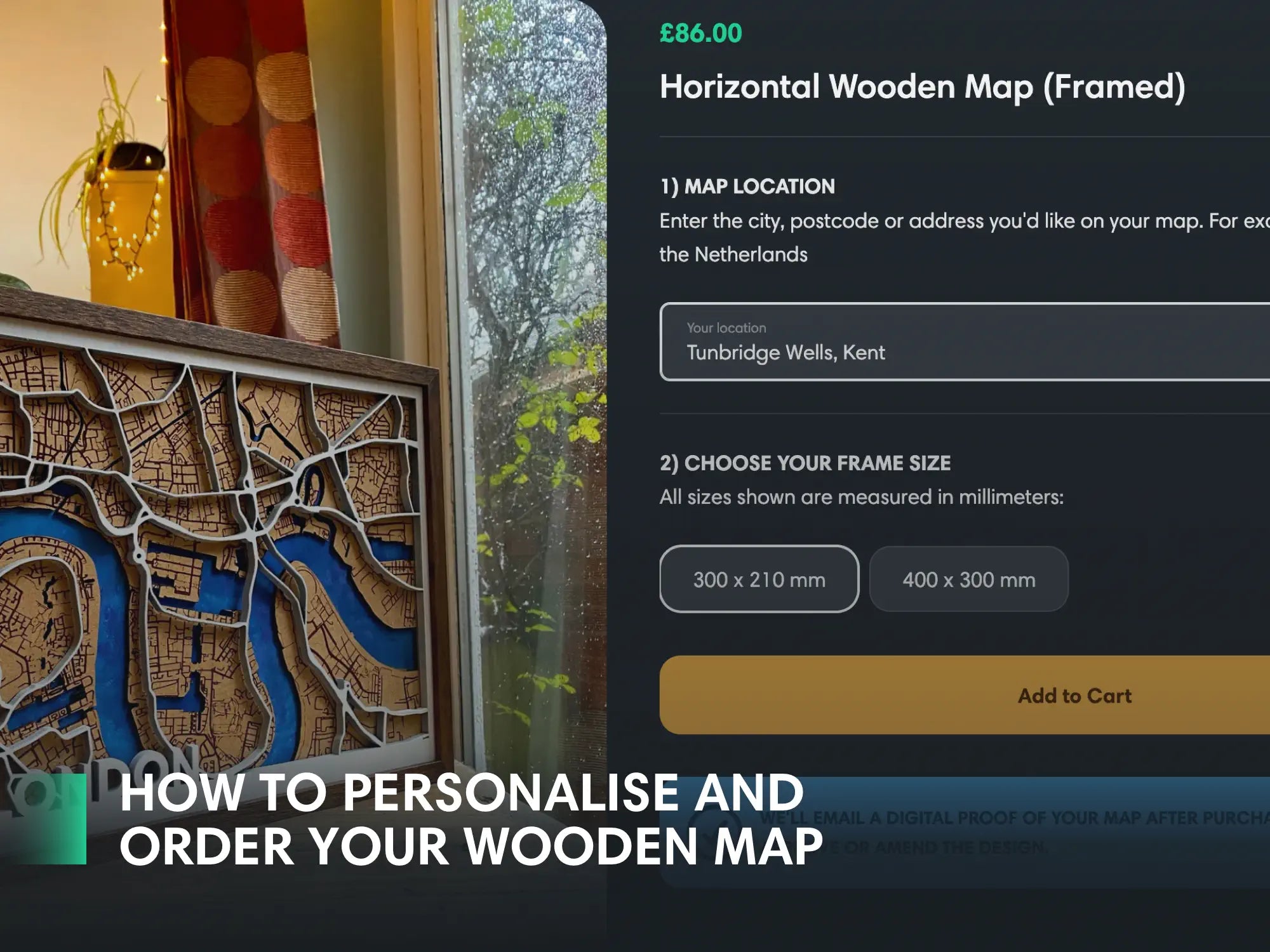 a screenshot of a wooden map on wooden maps co website explaining how to personalise and order a map